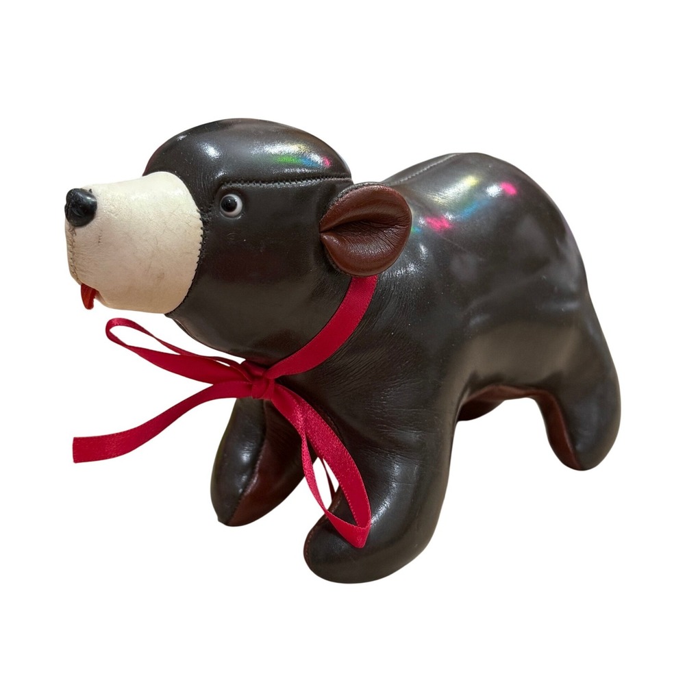 Vintage Leather Bear Stuffed Figurine Home Decor Brown Stitched Collectible 60's